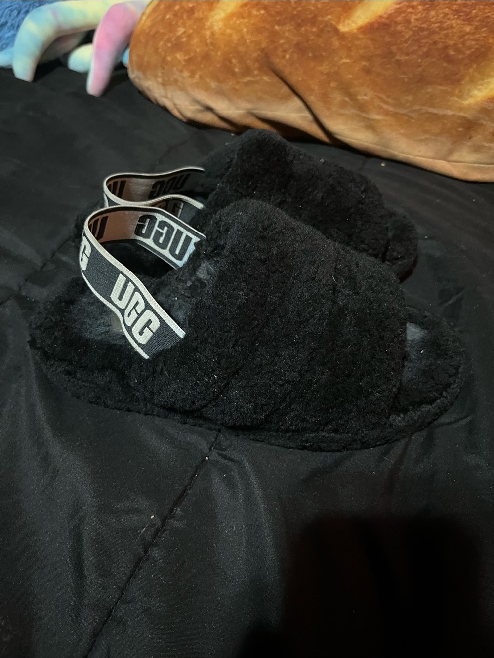UGG Black Fluffy Slide Sandals with Logo Elastic Heel